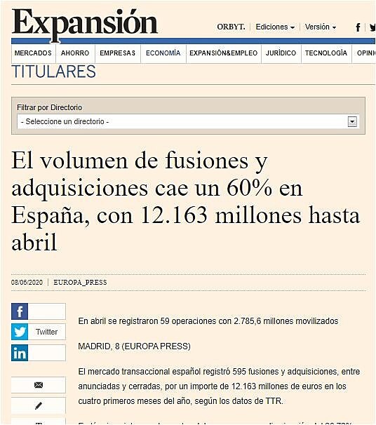 El volumen de fusiones y adquisiciones cae un 60% en Espaa, con 12.163 millones hasta abril